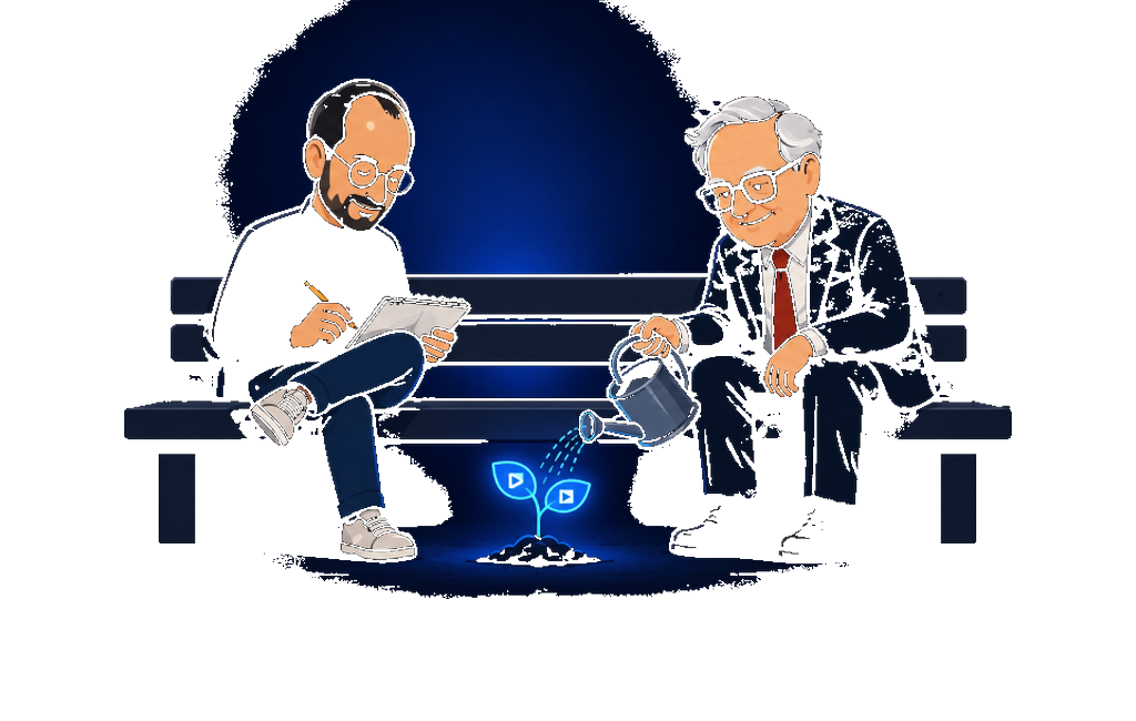 Steve Jobs & Warren Buffett bench illustration dark mode transparent
