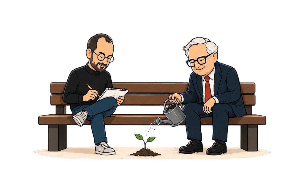 Steve Jobs & Warren Buffett bench illustration light mode transparent