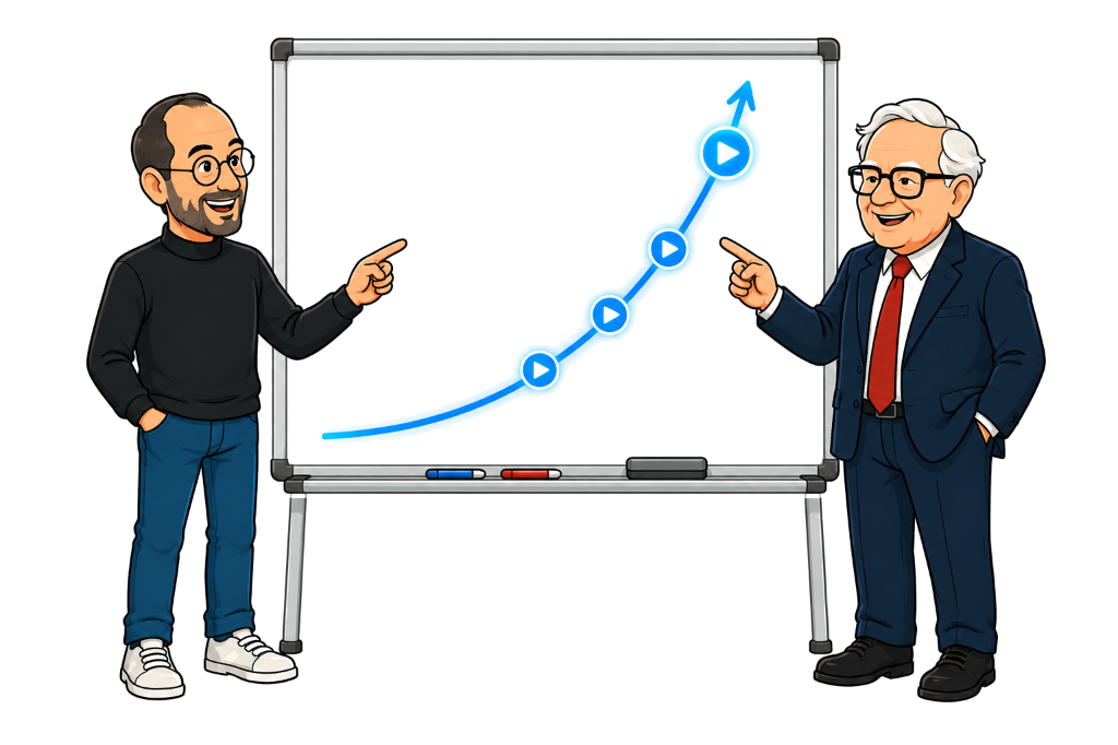 Steve Jobs and Warren Buffett exponential compounding growth chart light mode transparent