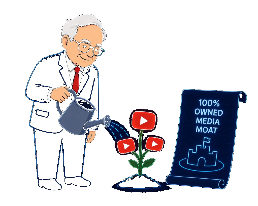 Warren Buffett watering YouTube play button plant 100% owned media moat dark mode transparent