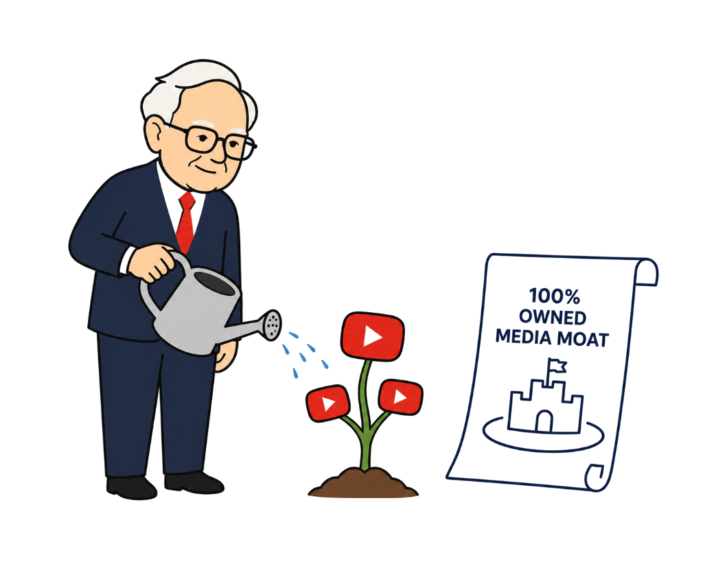 Warren Buffett watering YouTube play button plant 100% owned media moat light mode transparent