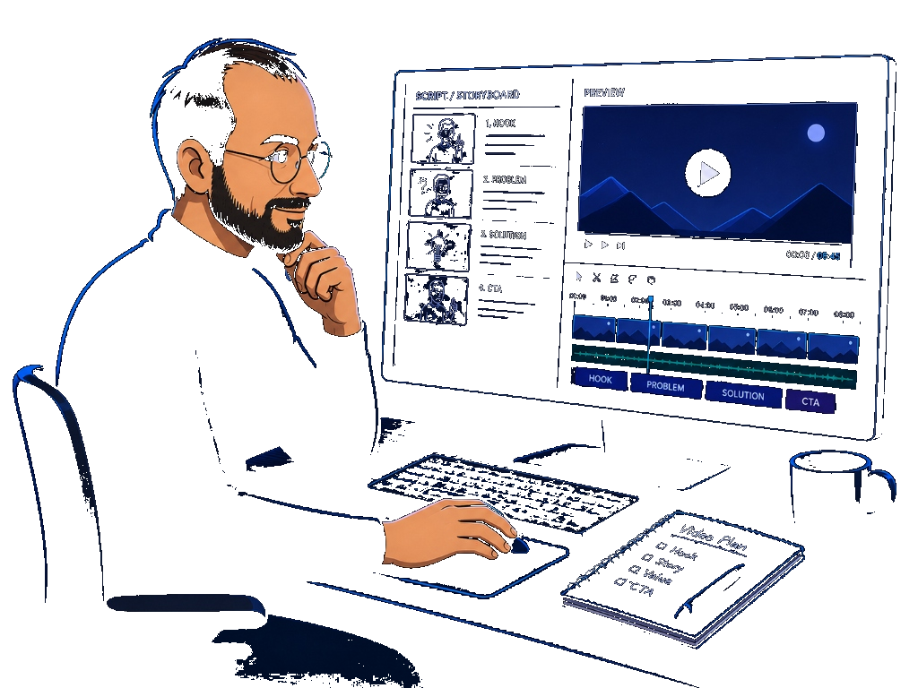 Steve Jobs script storyboard and video editing timeline dark mode transparent
