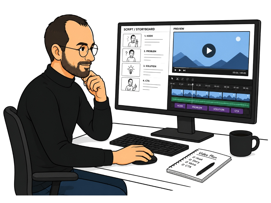 Steve Jobs script storyboard and video editing timeline light mode transparent