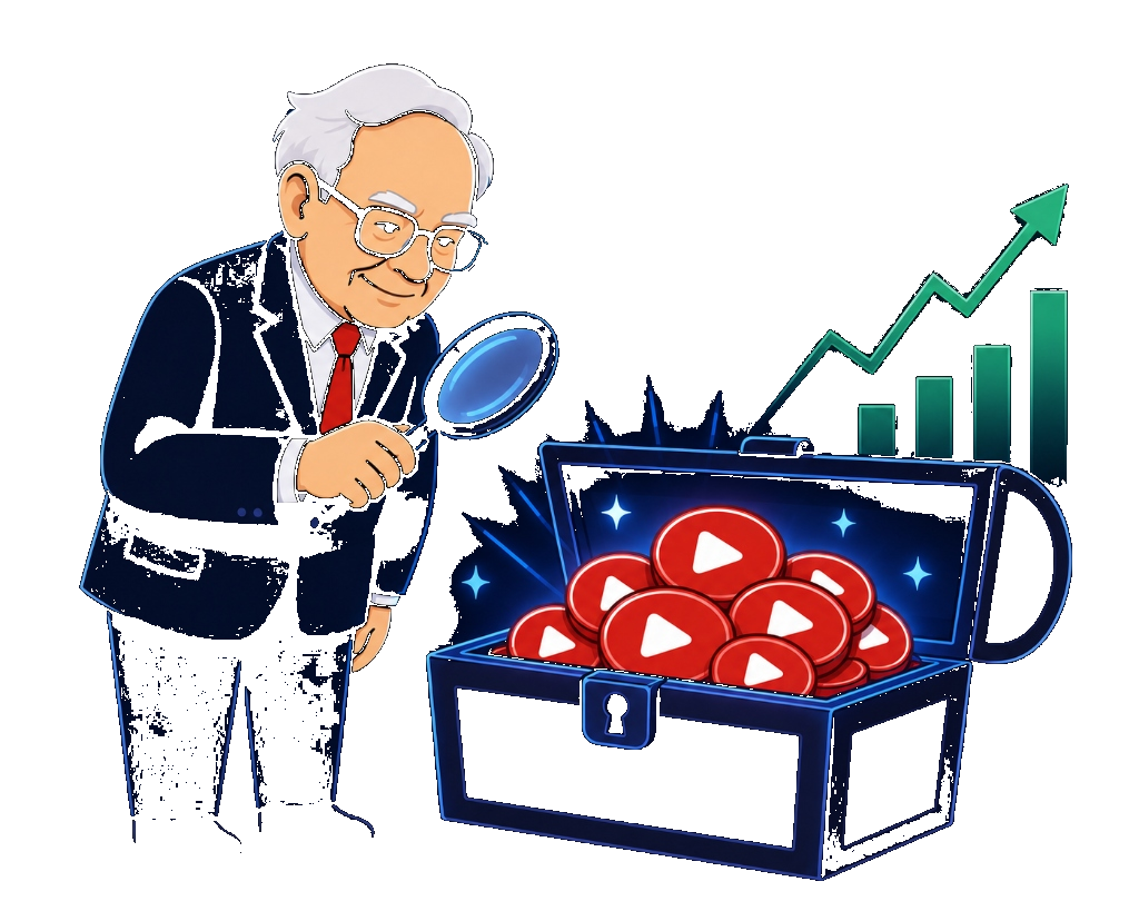 Warren Buffett inspecting YouTube play button gold chest financial growth dark mode transparent