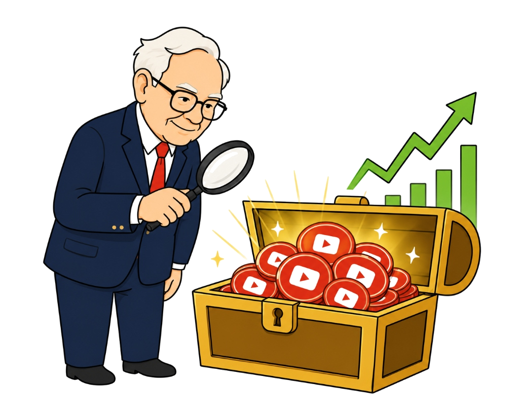 Warren Buffett inspecting YouTube play button gold chest financial growth light mode transparent